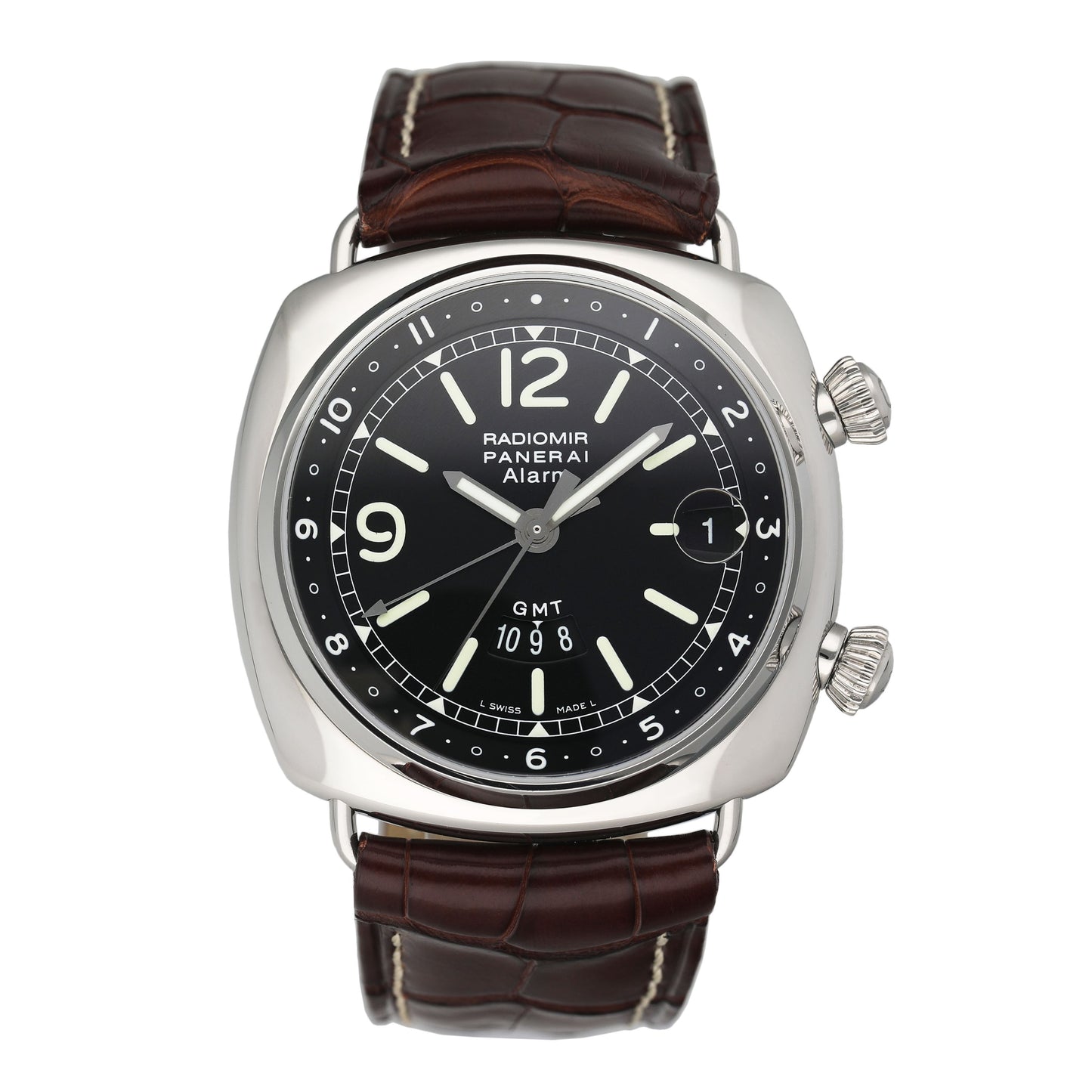Panerai Radiomir GMT/Alarm PAM00098 Black Dial Steel Mens Watch Box Papers