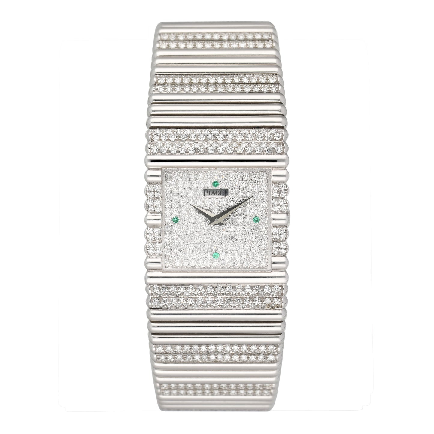 Piaget Polo Square 9131 C505 Emerald Pave Dial 18K White Gold Watch