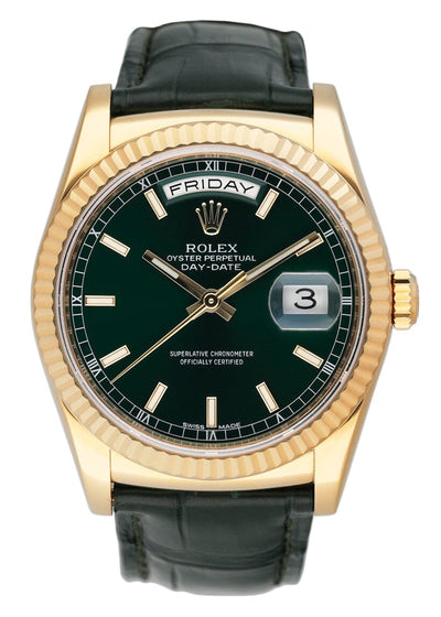 Rolex Day Date 118138 Green Dial 18K Yellow Gold Mens Watch Box Papers - Watches