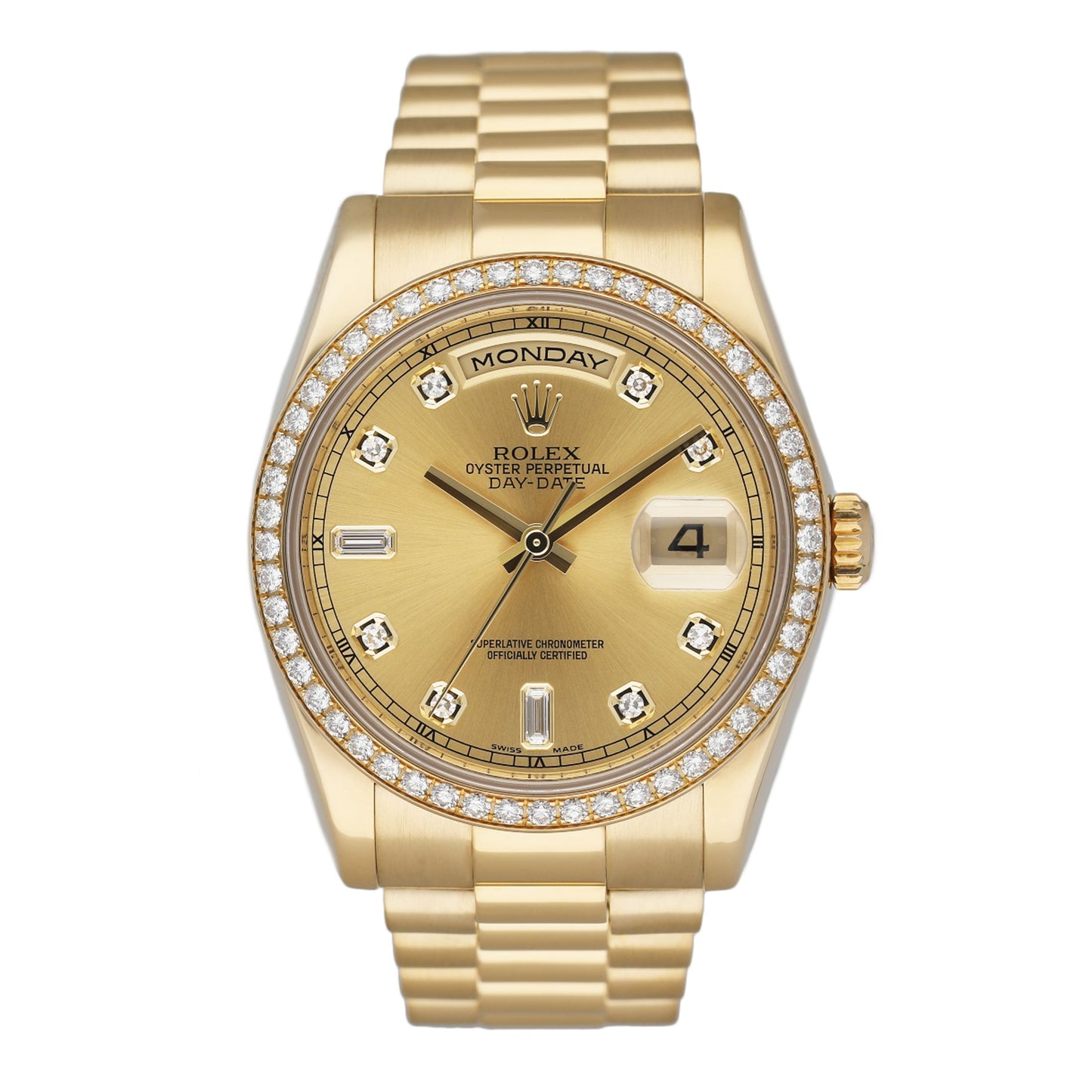 Rolex Day-Date 118348 Diamond Dial 18K Yellow Gold Mens Watch Box Papers