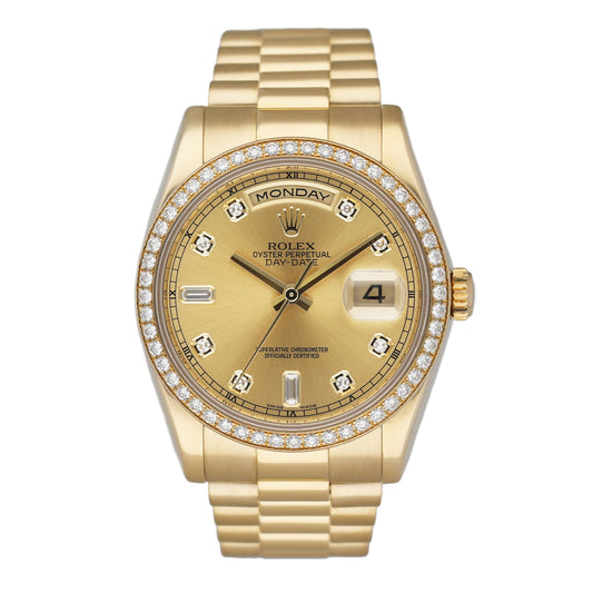 Rolex Day-Date 118348 Diamond Dial 18K Yellow Gold Mens Watch Box Papers