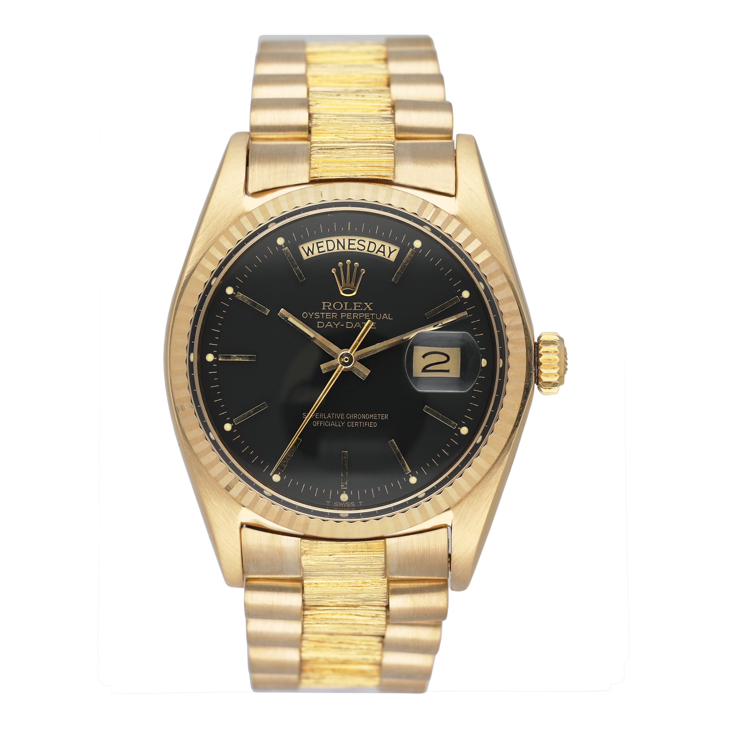 Rolex Day Date 1803 Black Dial Bark Finish 18K Yellow Gold – Phigora