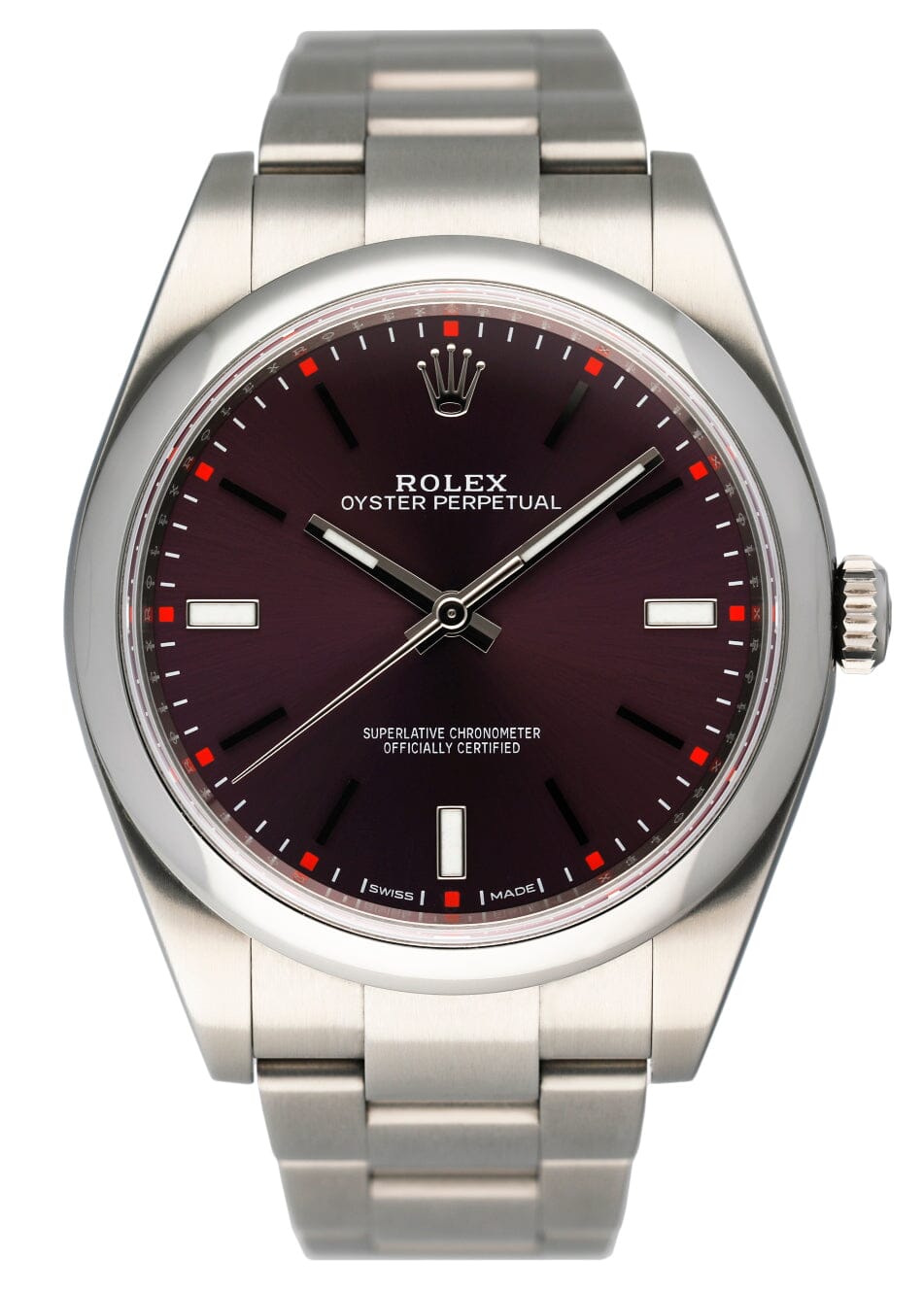 Rolex Oyster Perpetual 114300 Red Grape Dial Mens Watch Box Papers