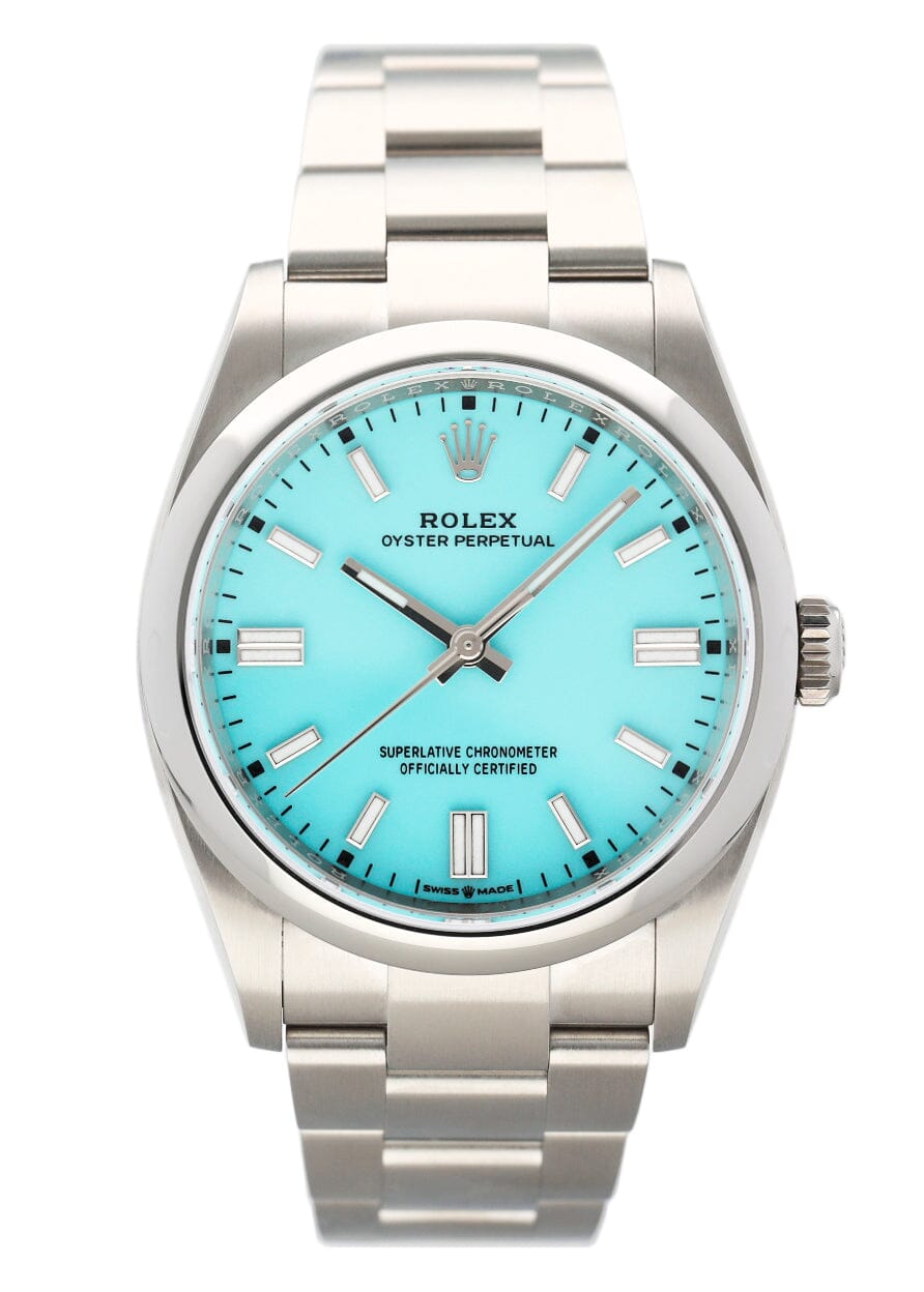 Rolex Oyster Perpetual Turquoise Dial 126000 Mens Watch Box Papers