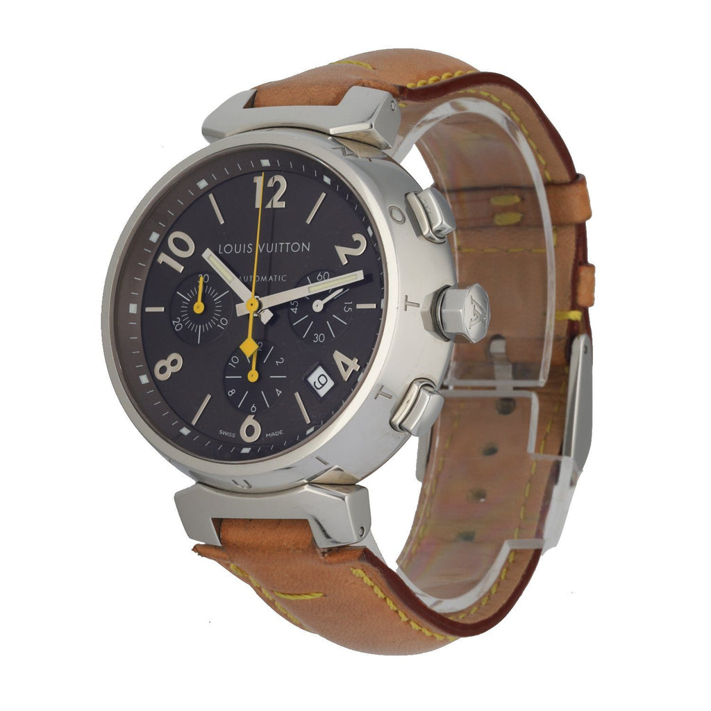 Pre-owned Louis Vuitton Tambour Chronograph Automatic Brown Dial Men's Watch Q1121, Automatic Movement, Stainless Steel Strap, 41 mm Case in Brown