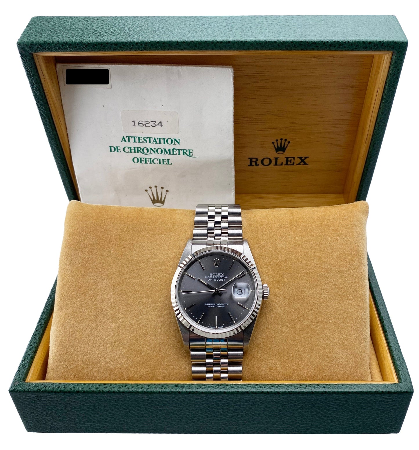 Rolex Datejust 16234 Gray Dial Mens Watch Box Papers