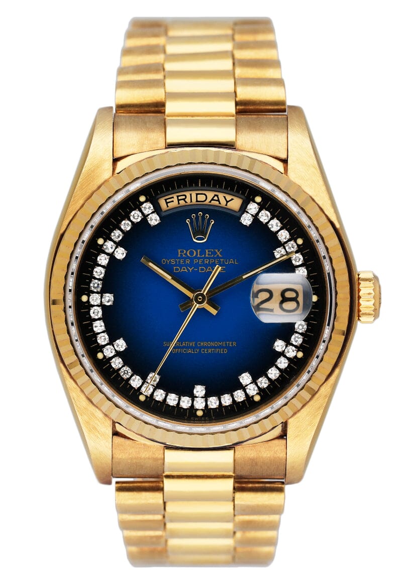 Rolex Day Date 18038 Blue Vignette Diamond Dial Yellow Gold Mens