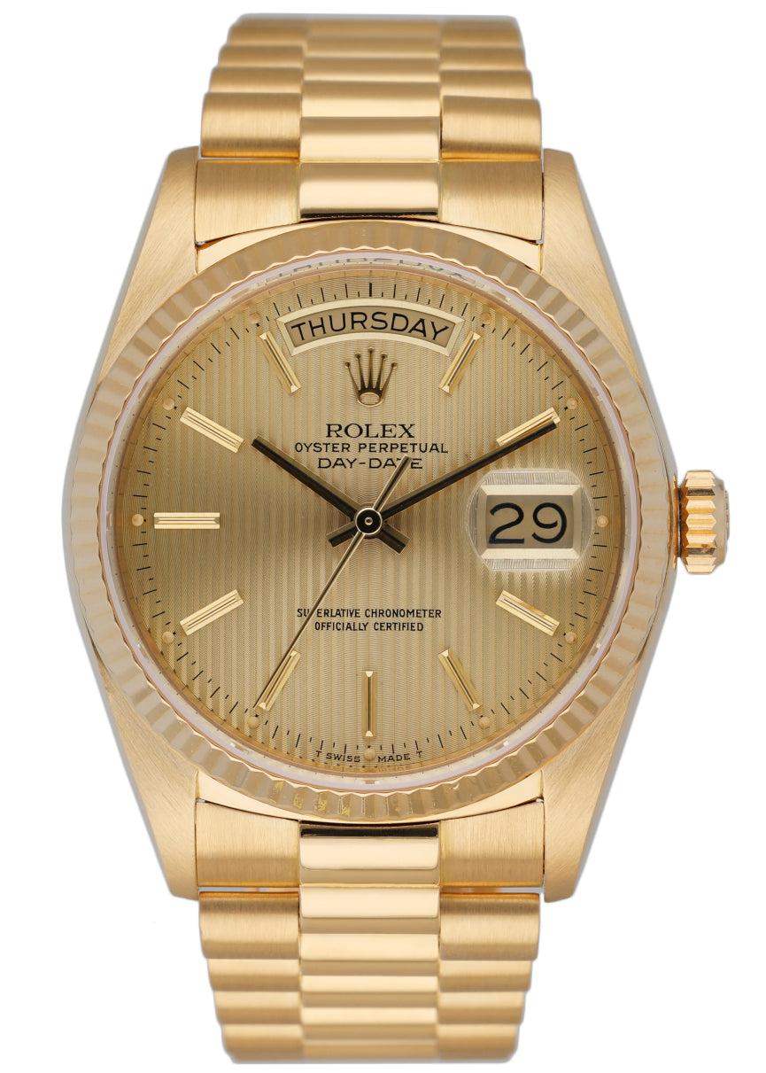Rolex Day Date 18038 Champagne Tapestry Dial Men's Watch Box & Papers