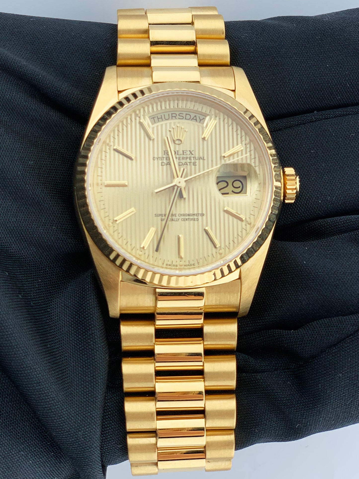 Rolex Day Date 18038 Champagne Tapestry Dial Men's Watch Box & Papers