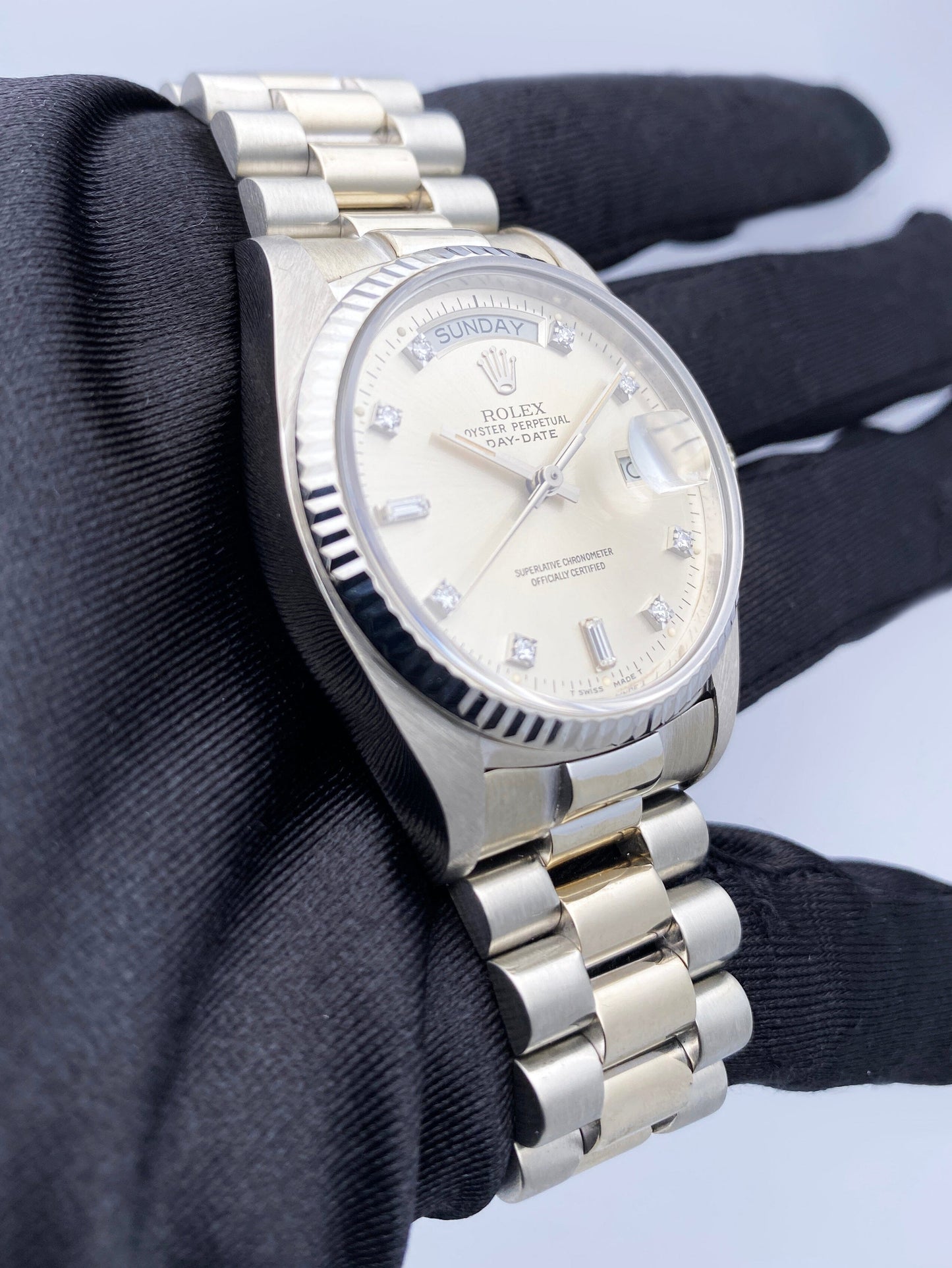 Rolex Day-Date 18039 Diamond Dial 18K White Gold Mens Watch