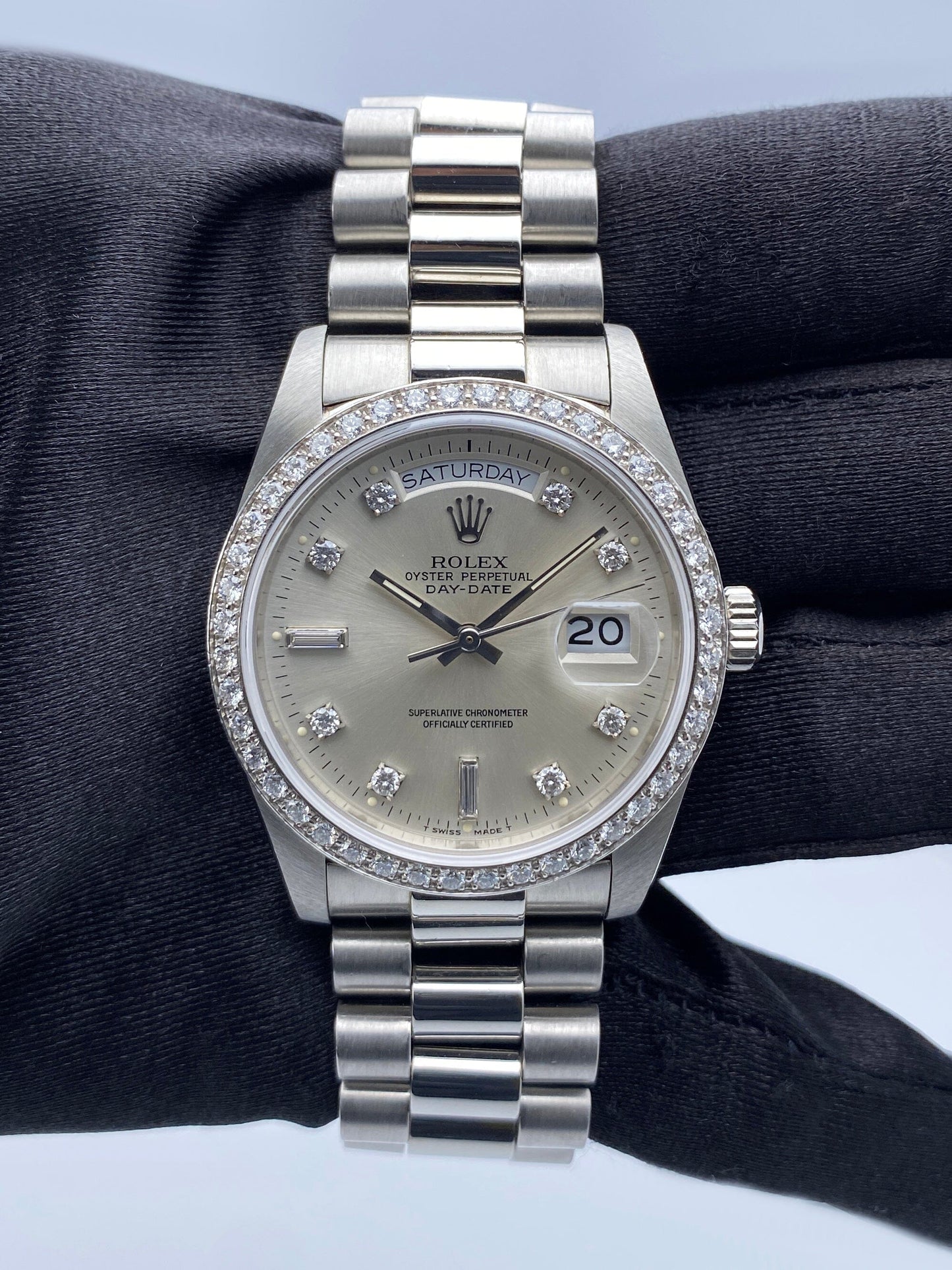 Rolex Day-Date 18046 Diamond Silver Dial Platinum Mens Watch