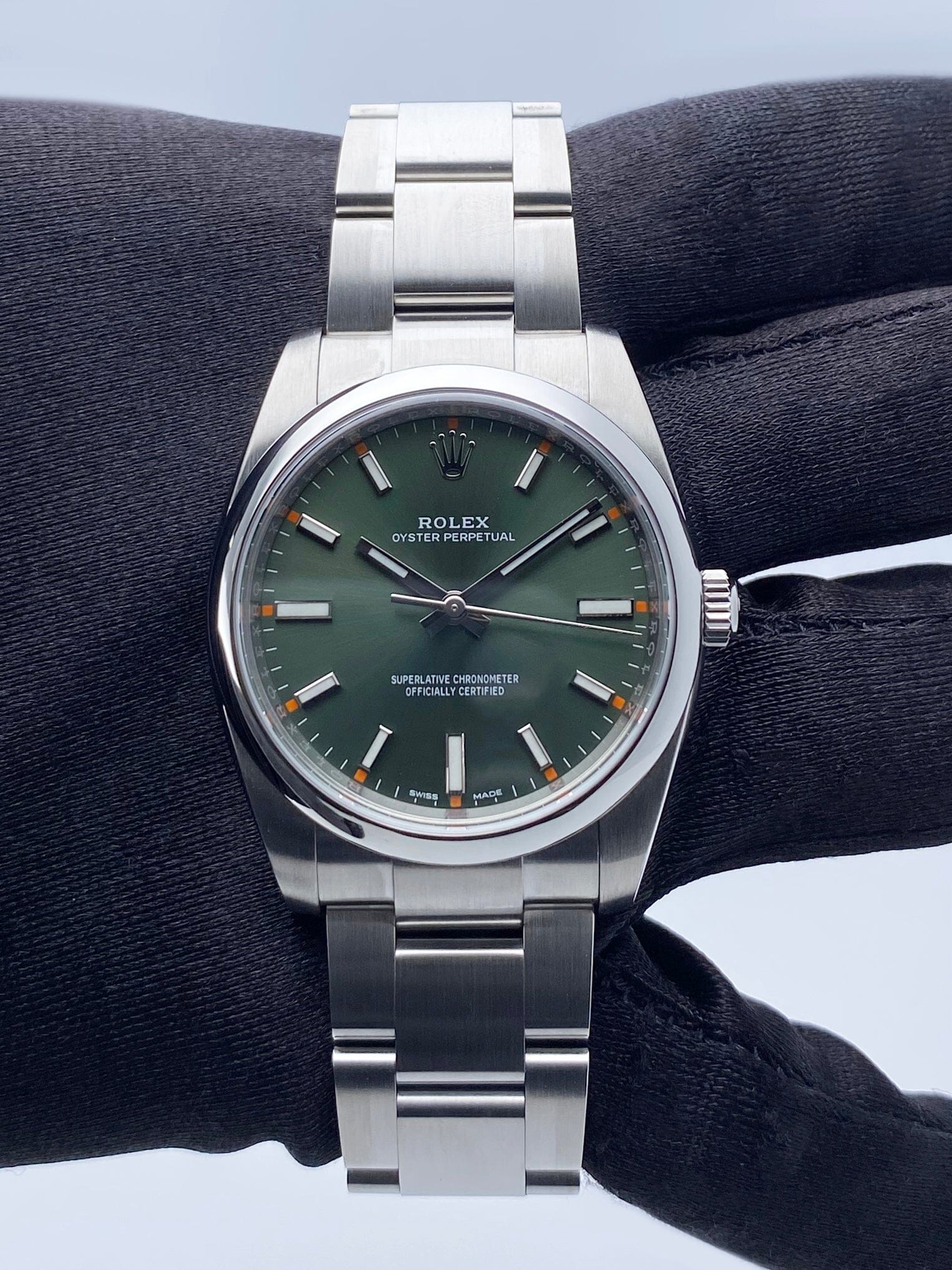 Rolex Oyster Perpetual 114200 Green Dial Mens Watch Box & Papers