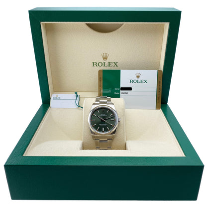 Rolex Oyster Perpetual 114200 Green Dial Mens Watch Box & Papers