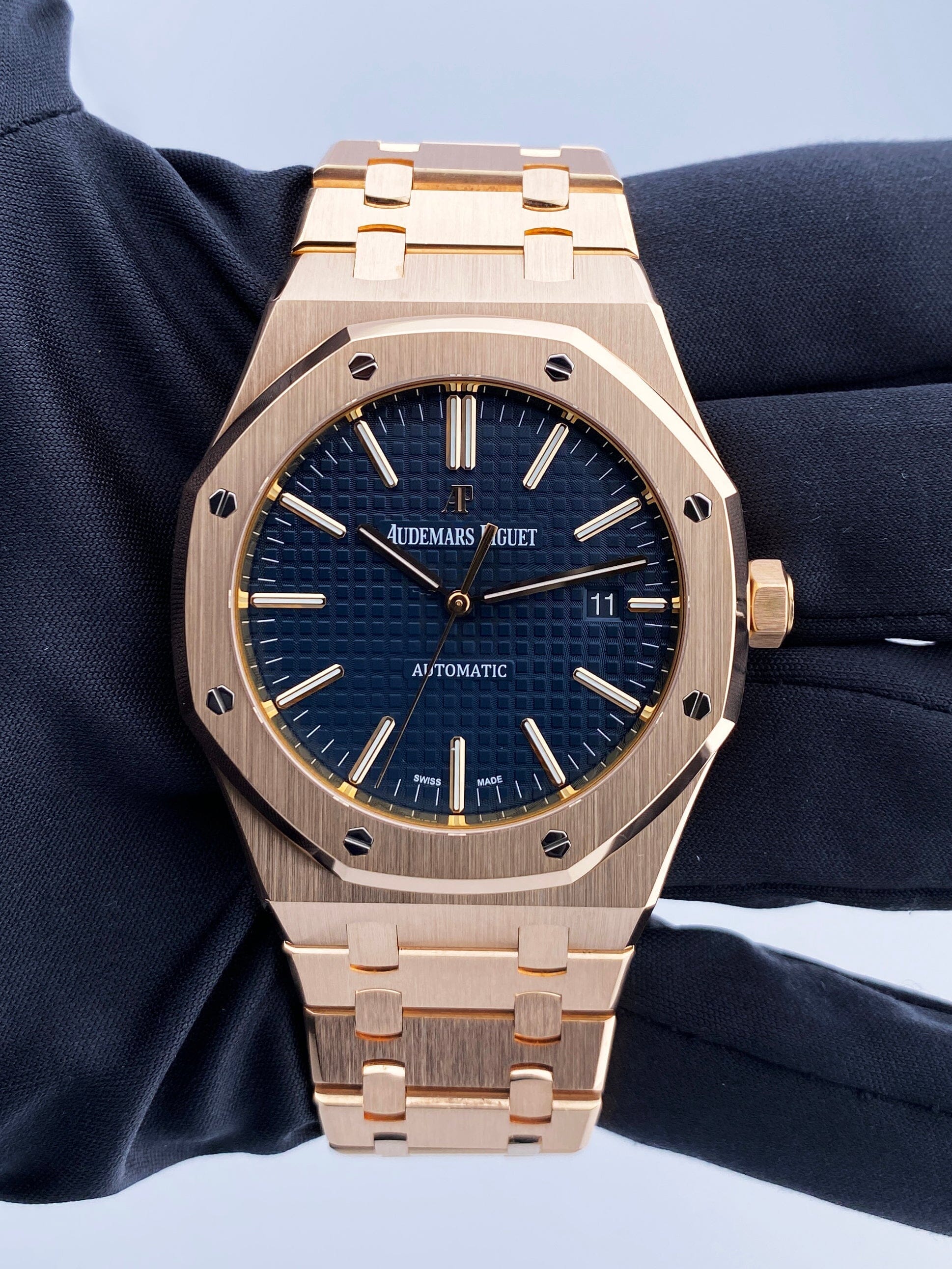 Audemars Piguet Royal Oak 15400OR Blue Dial 18K Rose Gold Mens Watch Box Papers - Virtual