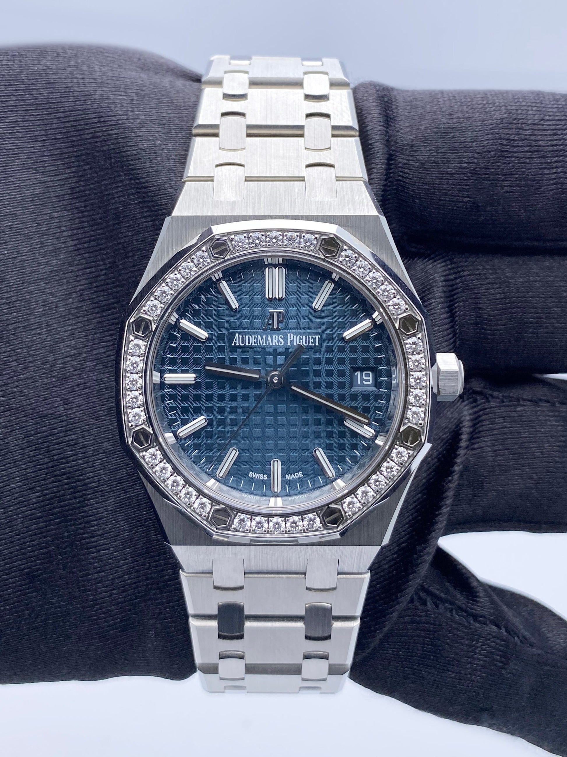 Audemars Piguet Royal Oak 77351ST Diamond Blue Dial Ladies Watch Box Papers - Watches