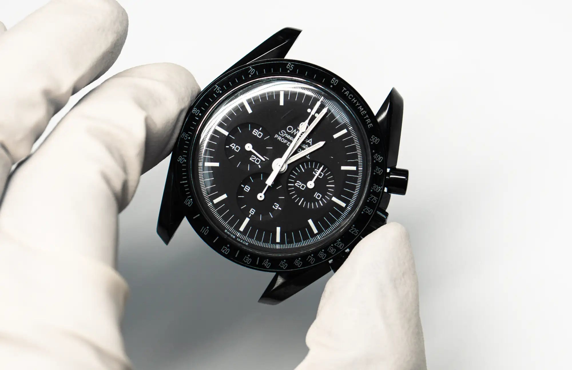 Black omega speedmaster professional chronograph watch with a matte black dial, white markings and hands, and a matching black case.