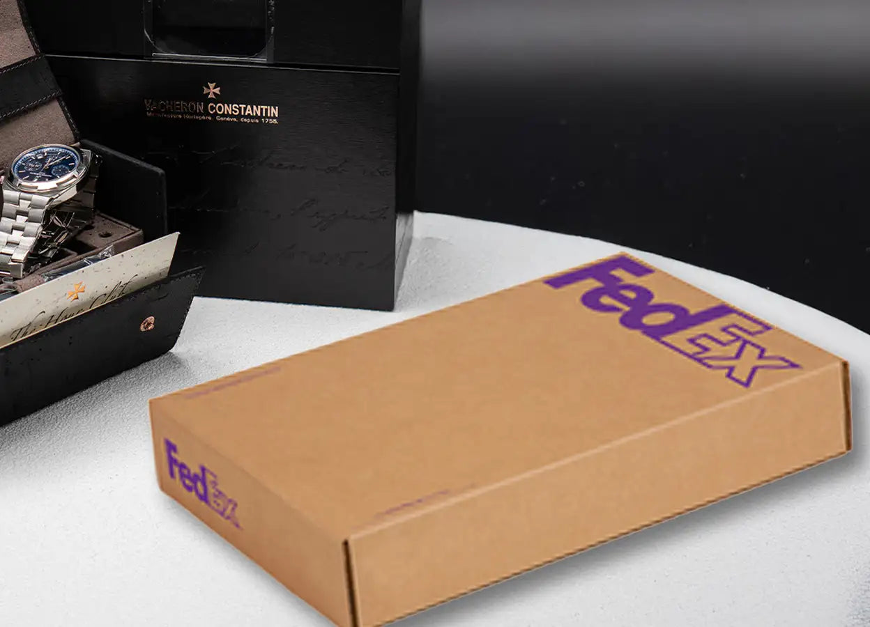 Brown fedex shipping box with purple logo