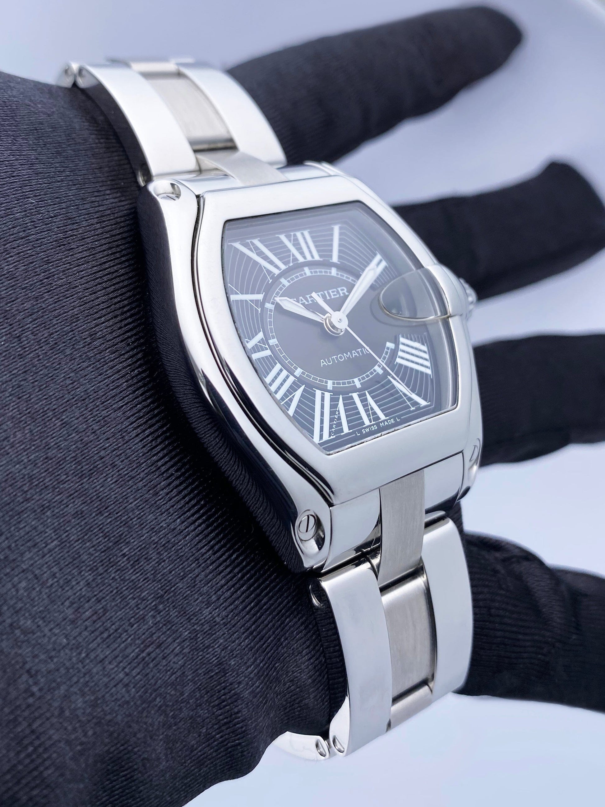 Cartier Roadster W62041V3 Black Dial Steel Mens Watch Box Papers - Watches