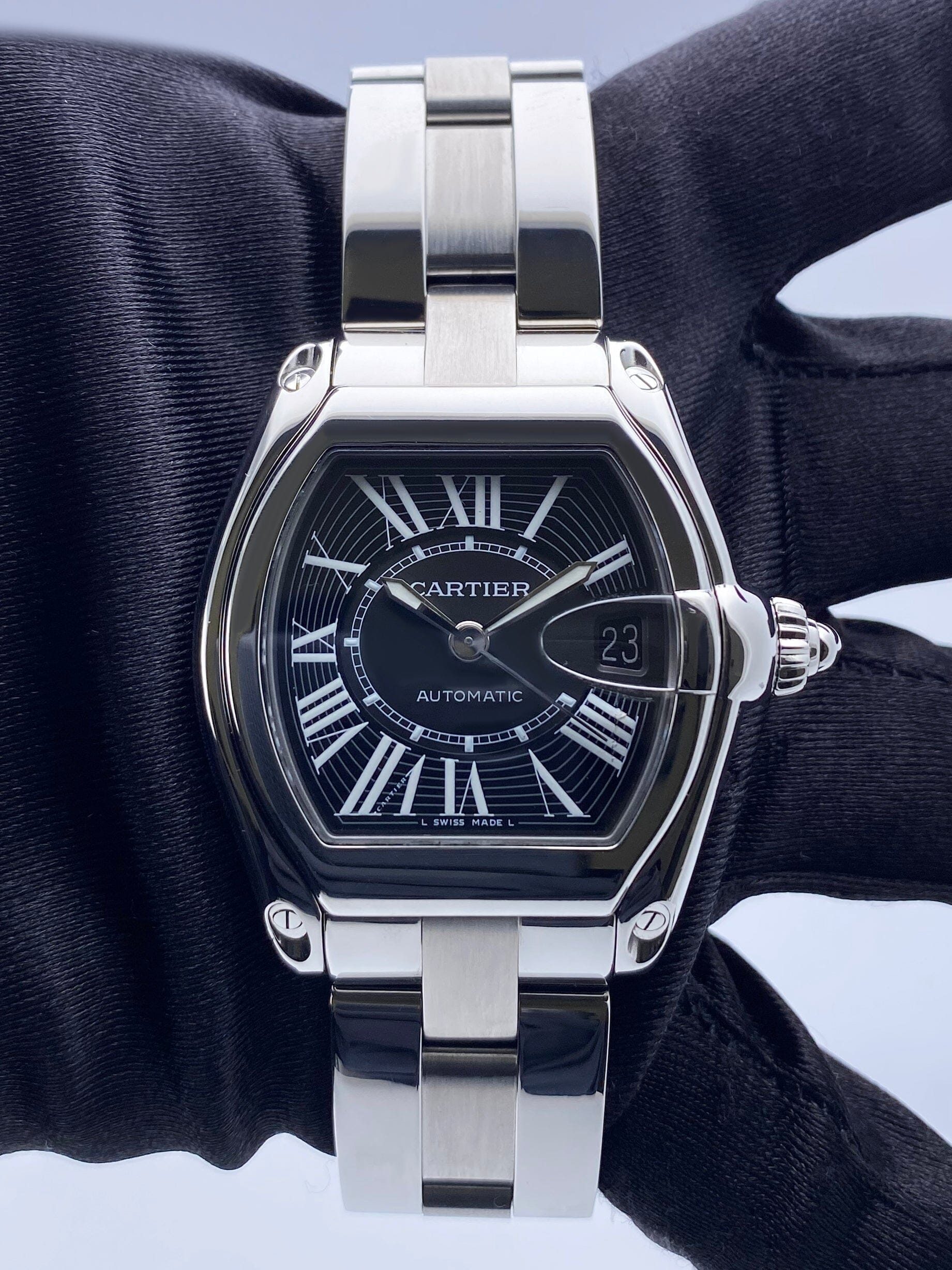 Cartier Roadster W62041V3 Black Dial Steel Mens Watch Box Papers - Watches