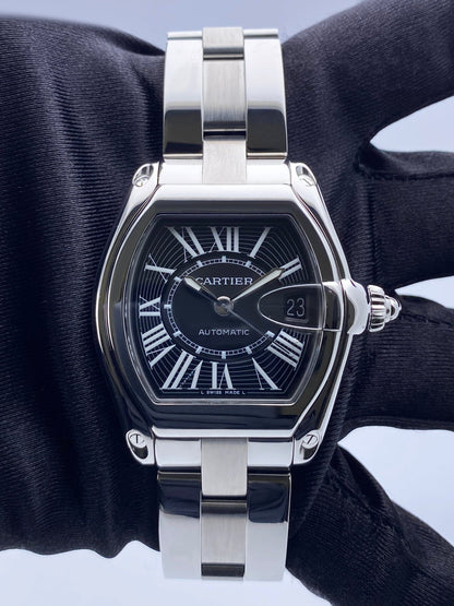 Cartier Roadster W62041V3 Black Dial Steel Mens Watch Box Papers - Watches