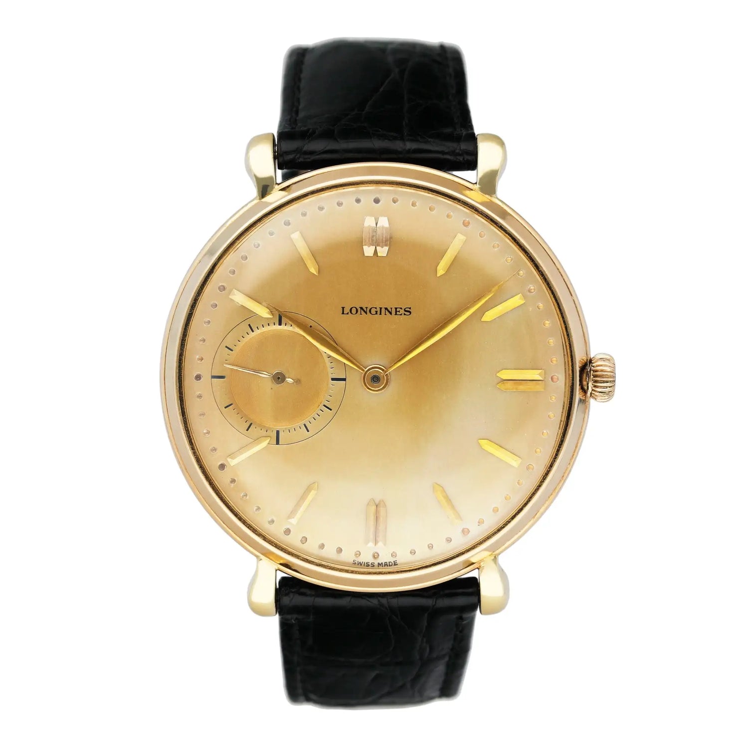 Gold-toned longines wristwatch with a black alligator leather strap and a cream-colored dial featuring gold-tone hour markers and hands.