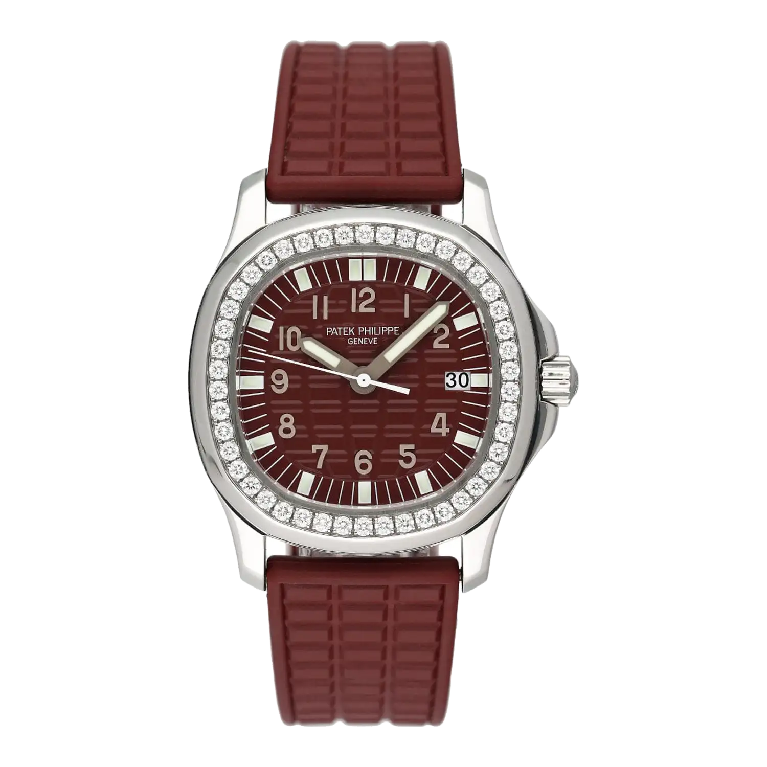 A patek philippe geneve watch with a silver-toned case, burgundy dial featuring white numerals and diamond bezel, paired with textured burgundy rubber strap.