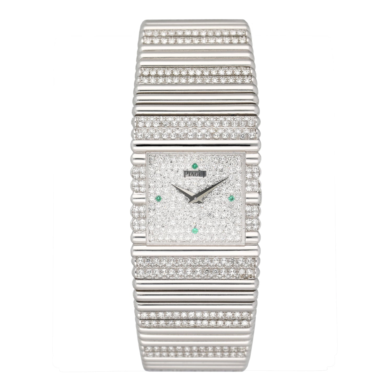 Piaget Polo Square 9131 C505 Emerald Pave Dial 18K White Gold Watch - Watches
