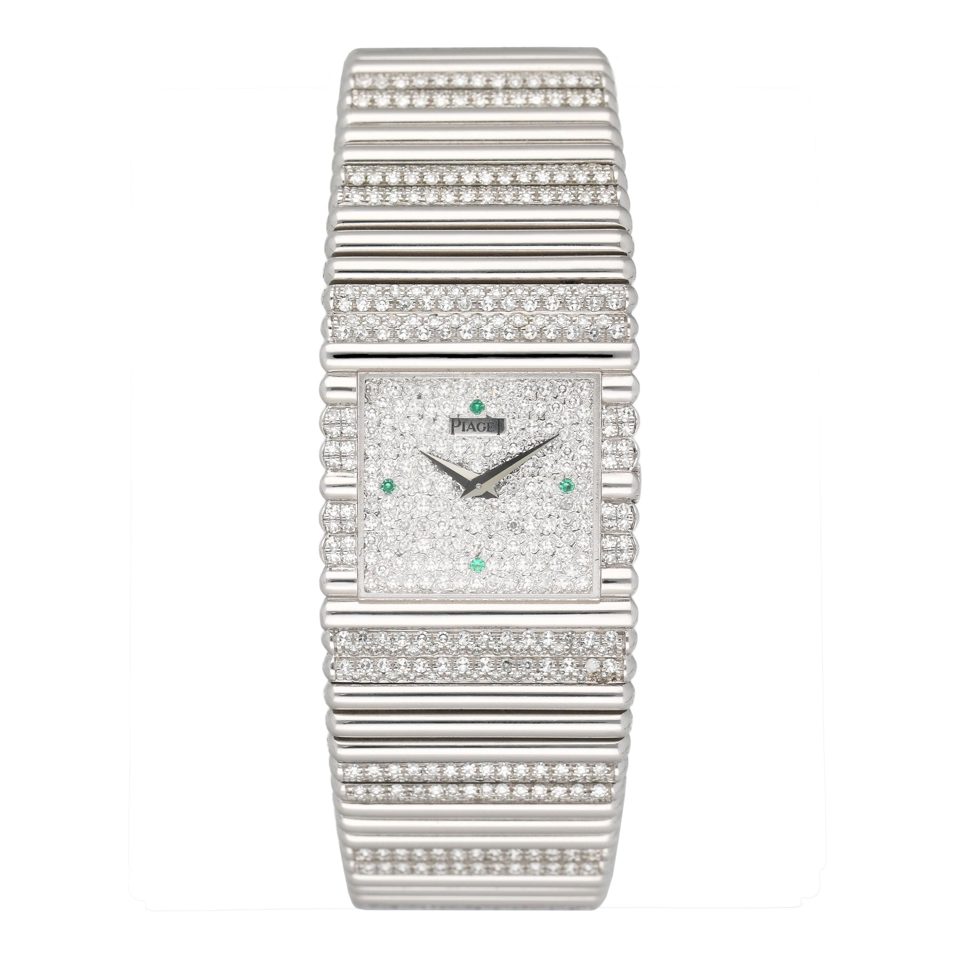Piaget Polo Square 9131 C505 Emerald Pave Dial 18K White Gold Watch - Watches