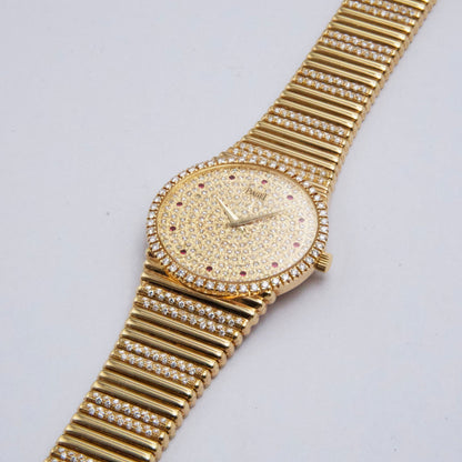 Piaget Vintage 9066 C 505 Ruby Pave Dial 18K Yellow Gold Ladies Watch - Watches