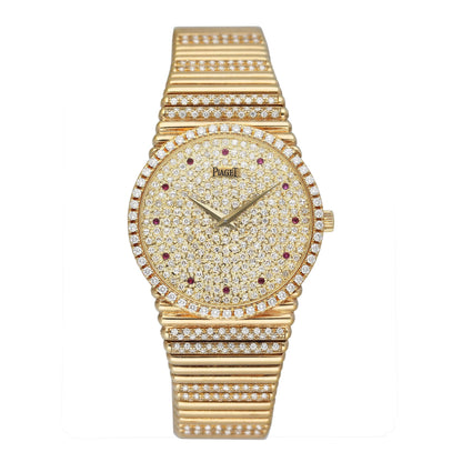 Piaget Vintage 9066 C 505 Ruby Pave Dial 18K Yellow Gold Ladies Watch - Watches