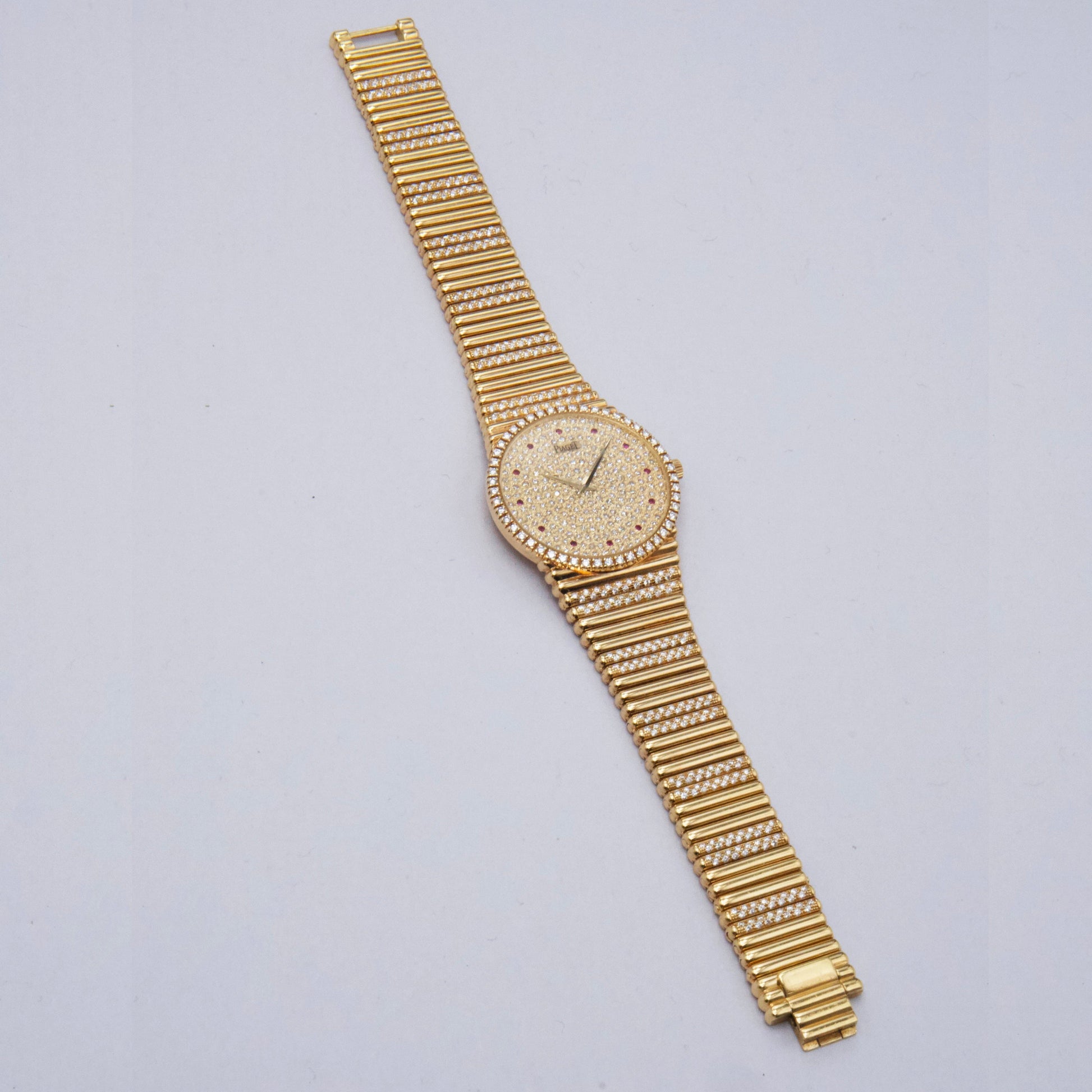 Piaget Vintage 9066 C 505 Ruby Pave Dial 18K Yellow Gold Ladies Watch - Watches