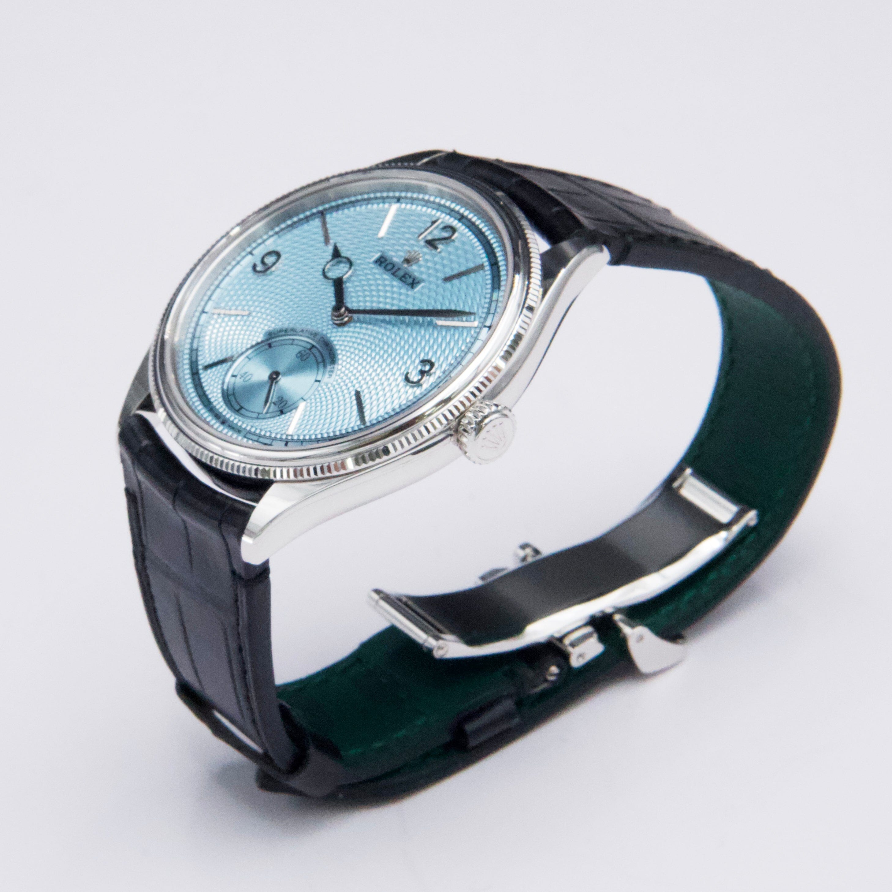 Rolex 1908 Ice Blue Dial Platinum Mens Watch Box Papers | – Phigora