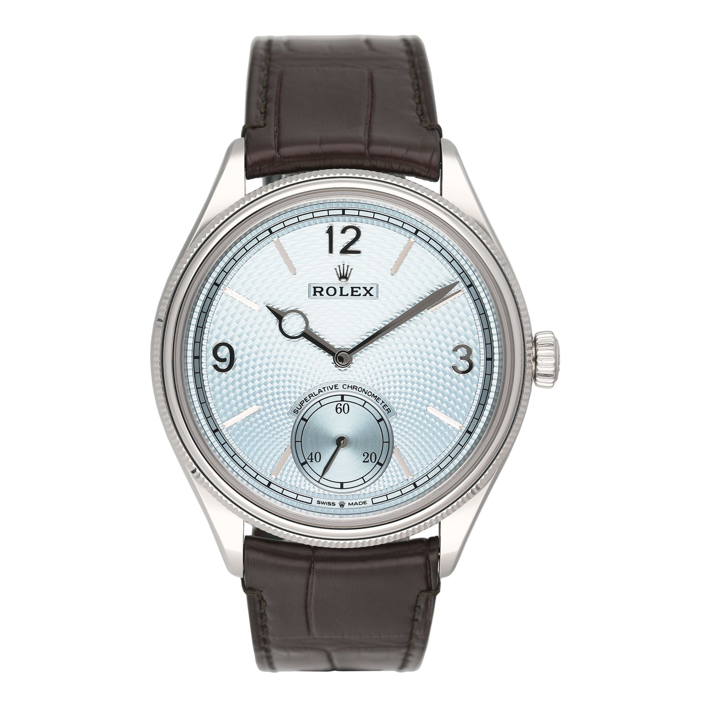 Rolex 1908 Ice Blue Dial Platinum Mens Watch Box Papers