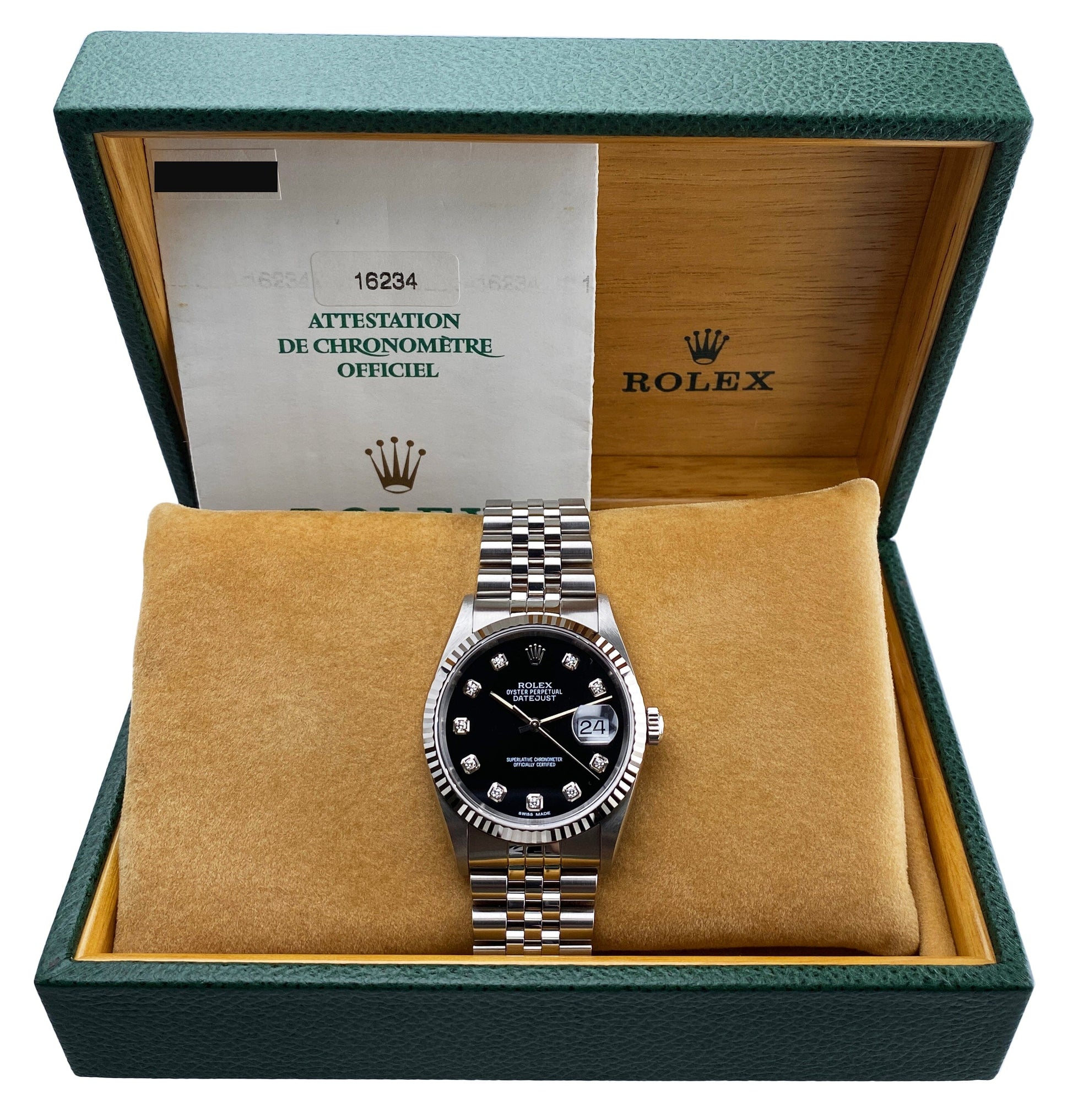 Rolex Datejust 16234 Diamond Black Dial Mens Watch Box Papers - Watches