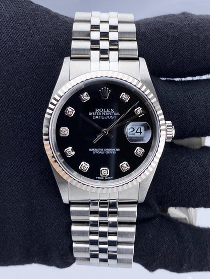 Rolex Datejust 16234 Diamond Black Dial Mens Watch Box Papers - Watches