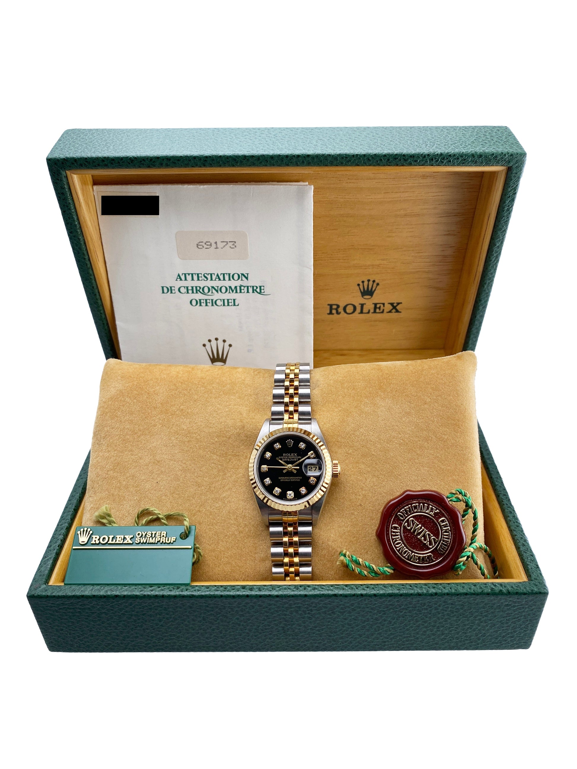 Rolex Datejust 69173 Diamond Black Dial Ladies Watch Box Papers - Watches