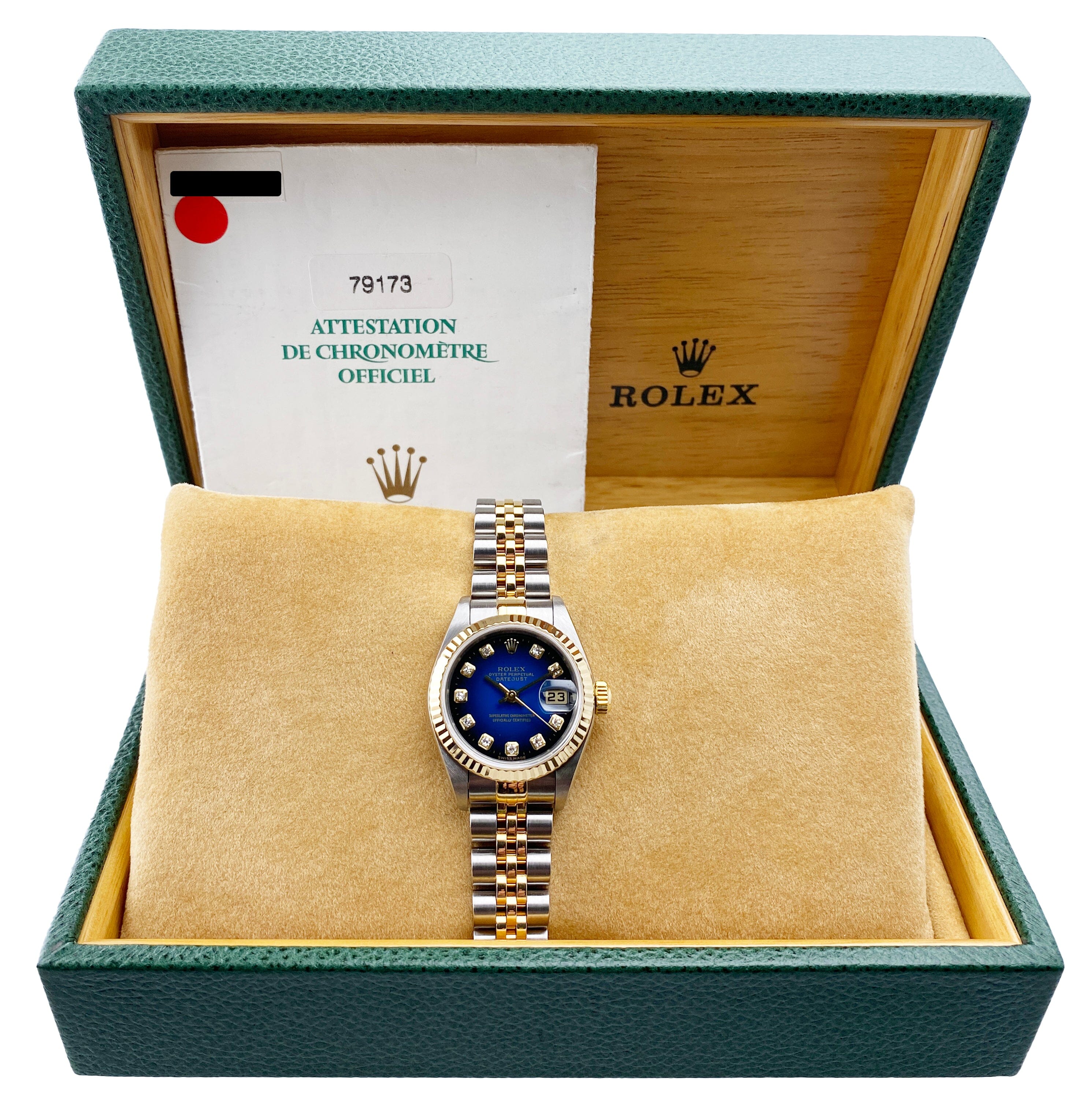 Rolex Datejust 79173 Blue Vignette Diamond Dial Ladies Watch Box