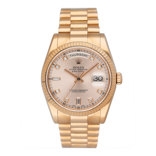 Rolex Day Date 118235 Diamond Pink Dial 18k Rose Gold Mens Watch