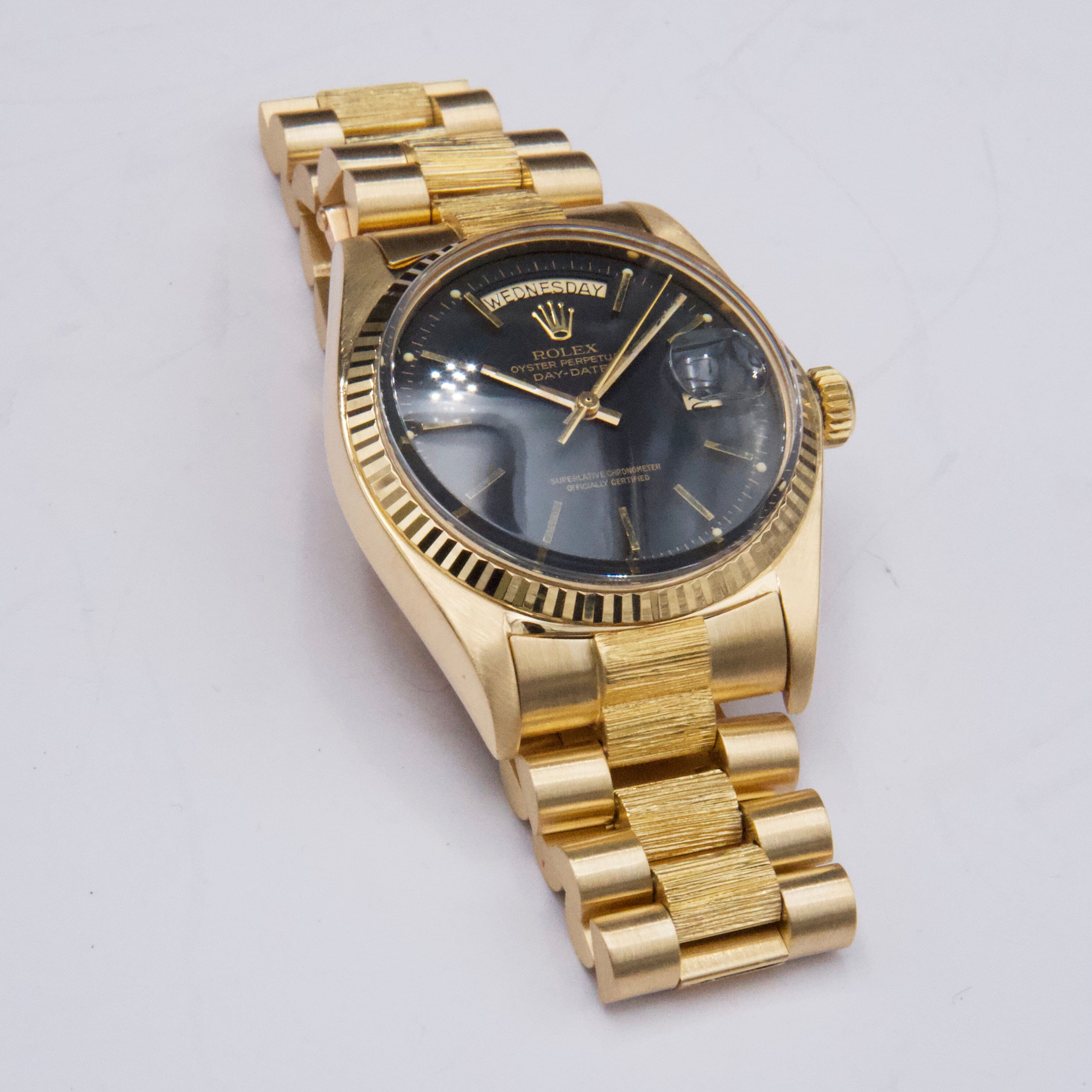 Rolex Day Date 1803 Black Dial Bark Finish 18K Yellow Gold – Phigora