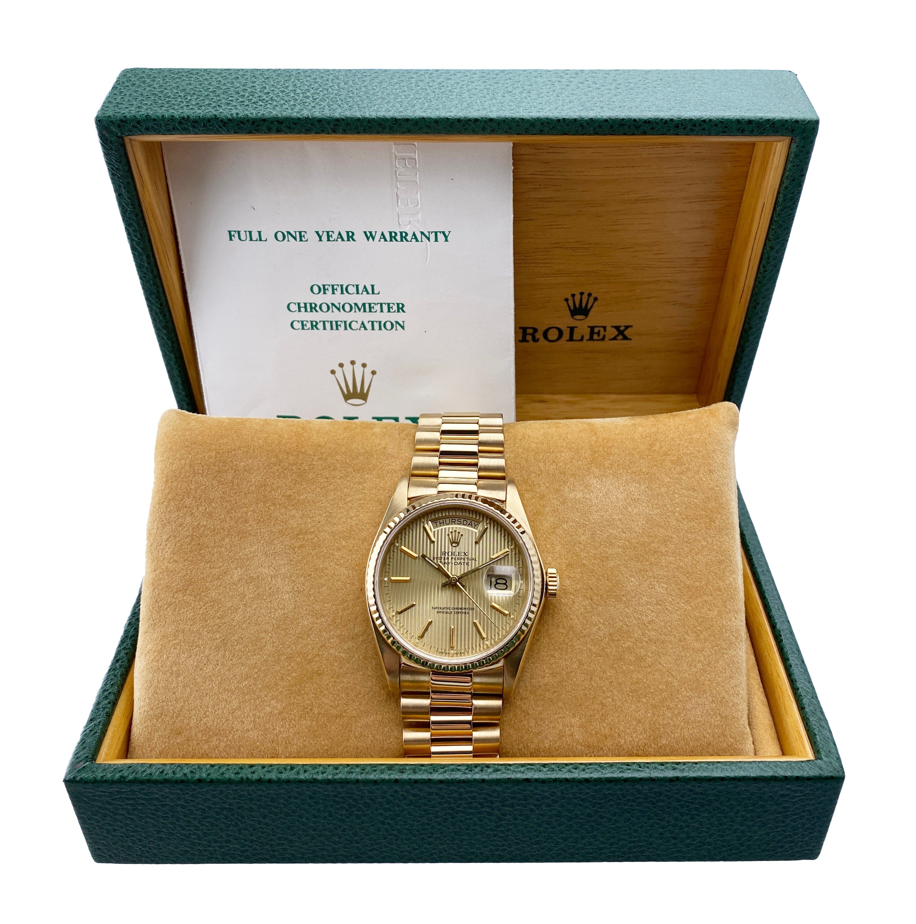 Rolex Day Date 18038 Champagne Tapestry Dial Mens Watch Box Papers