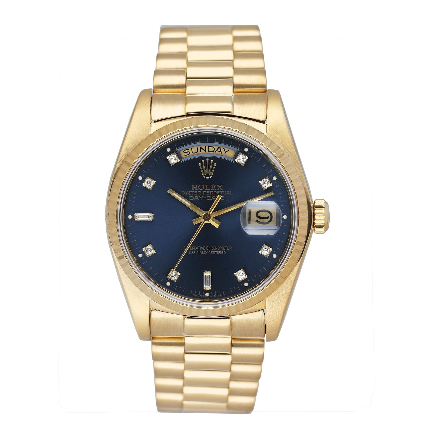 Rolex Day Date 18038 Diamond Blue Dial 18K Yellow Gold Mens Watch - Watches
