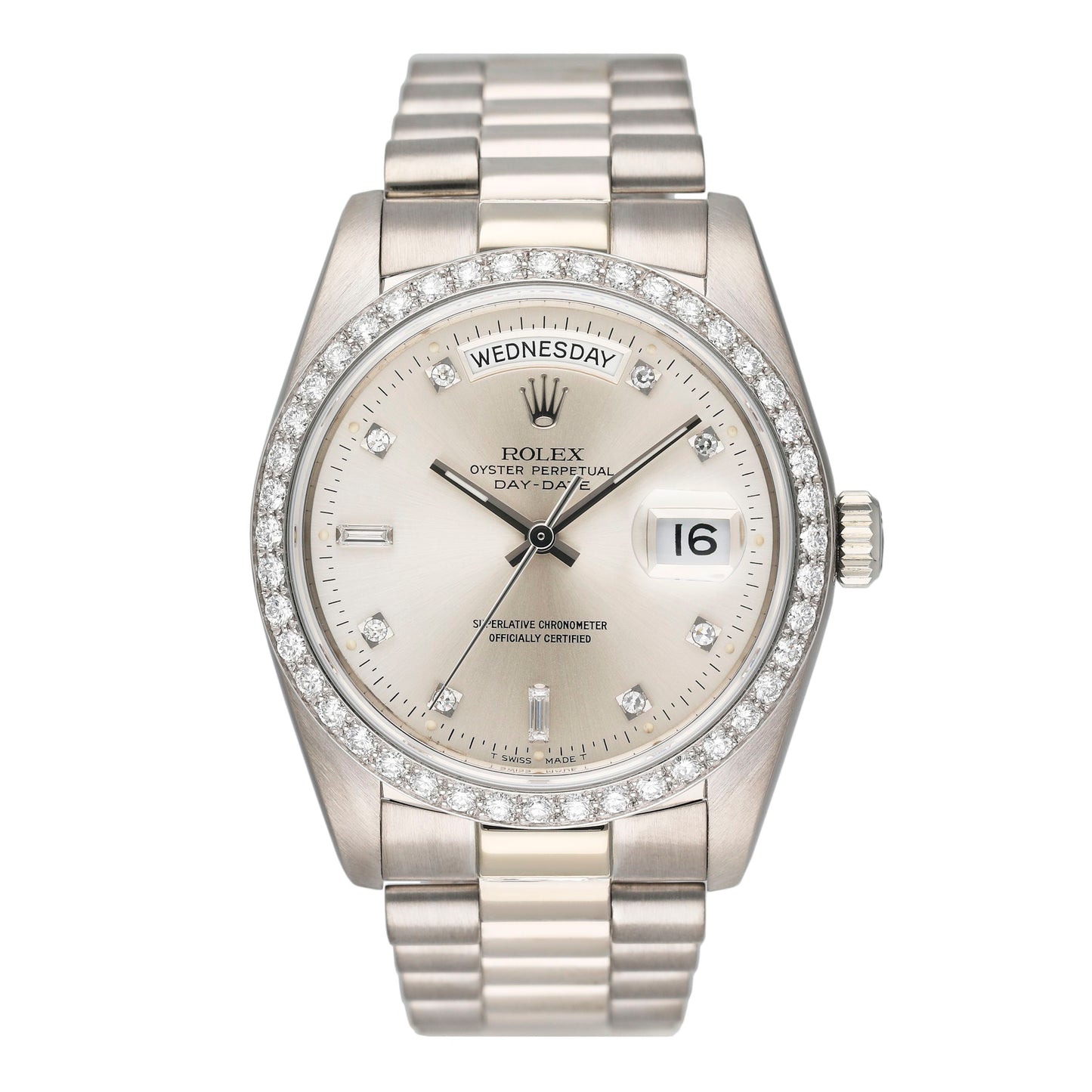 Rolex Day-Date 18049 Diamond Silver Dial 18K White Gold Mens Watch Box Papers