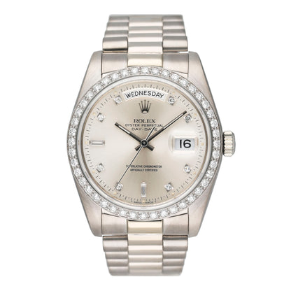 Rolex Day-Date 18049 Diamond Silver Dial 18K White Gold Mens Watch Box Papers