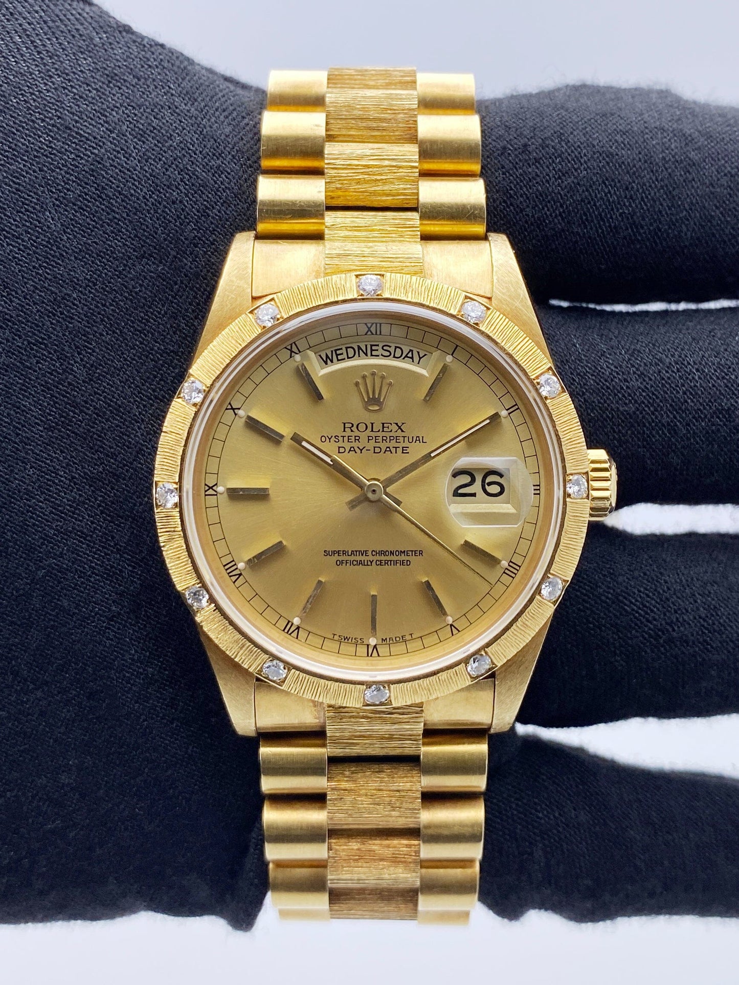 Rolex Day Date 18108 Diamond18K Yellow Gold Bark Finish Mens Watch - Watches