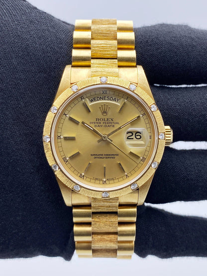 Rolex Day Date 18108 Diamond18K Yellow Gold Bark Finish Mens Watch - Watches