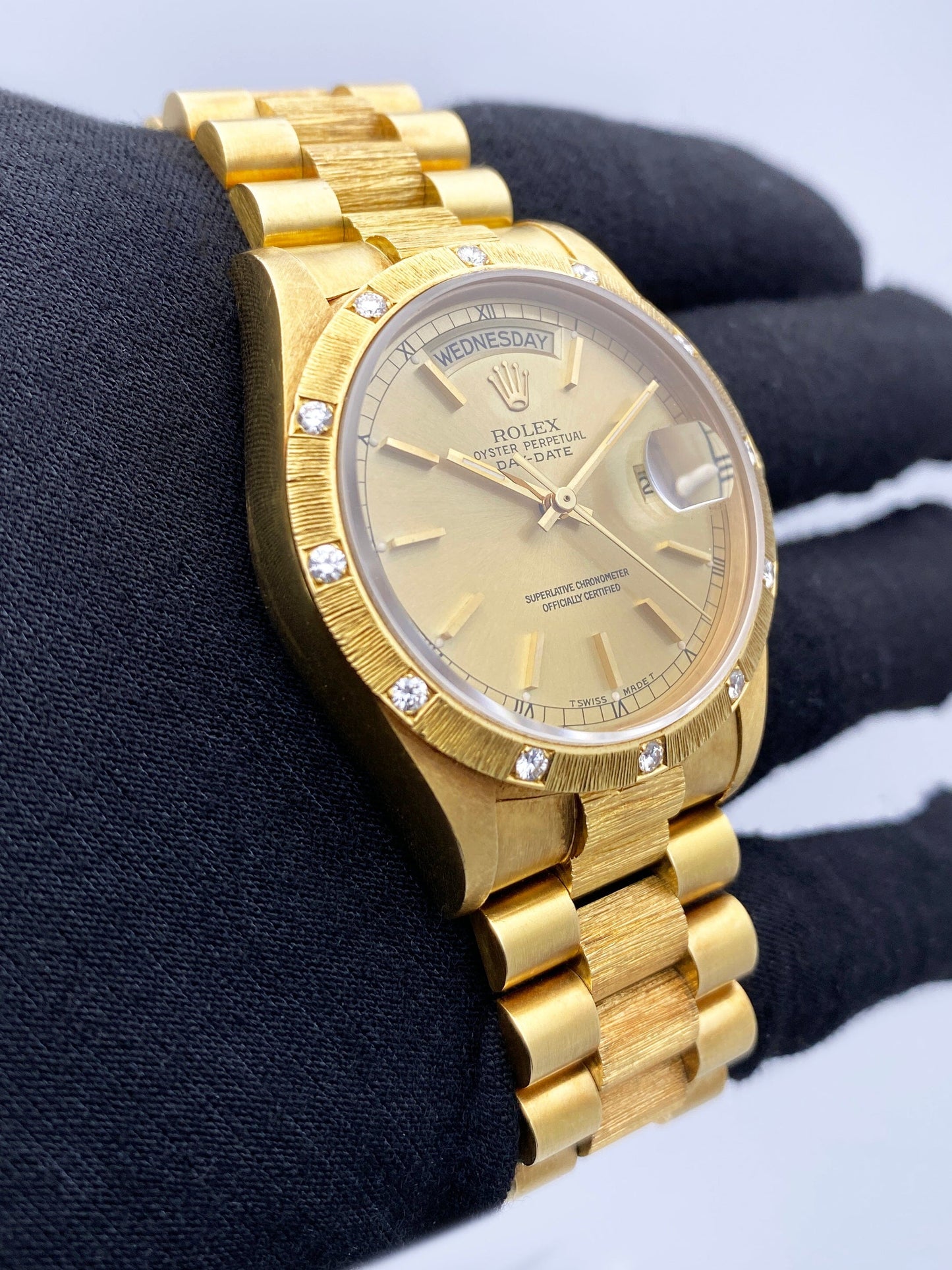 Rolex Day Date 18108 Diamond18K Yellow Gold Bark Finish Mens Watch - Watches