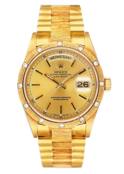 Rolex Day Date 18108 Diamond18K Yellow Gold Bark Finish Mens Watch - Watches