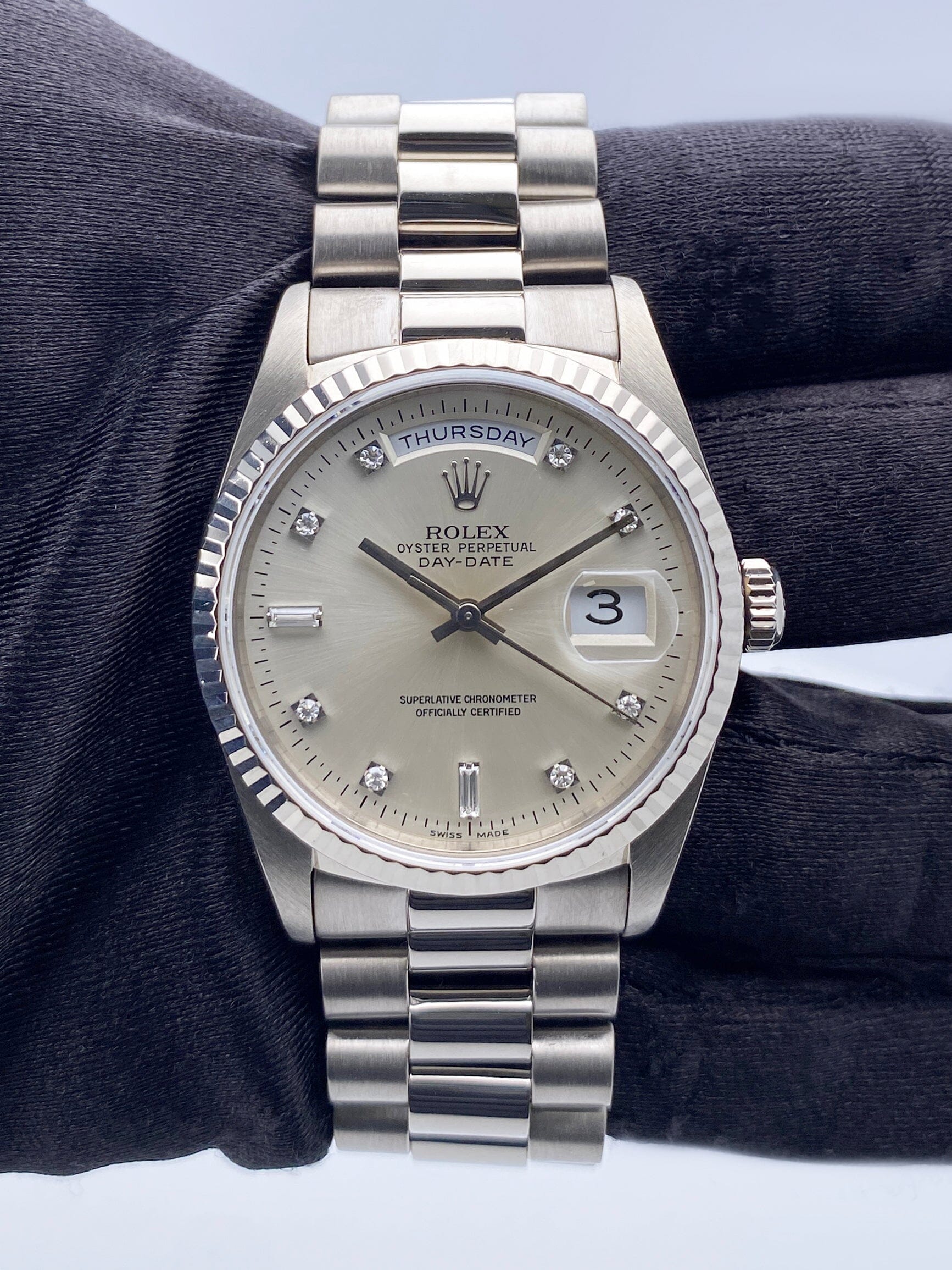 Rolex Day Date 18239 President 18K White Gold Diamond Dial Mens Watch - Watches