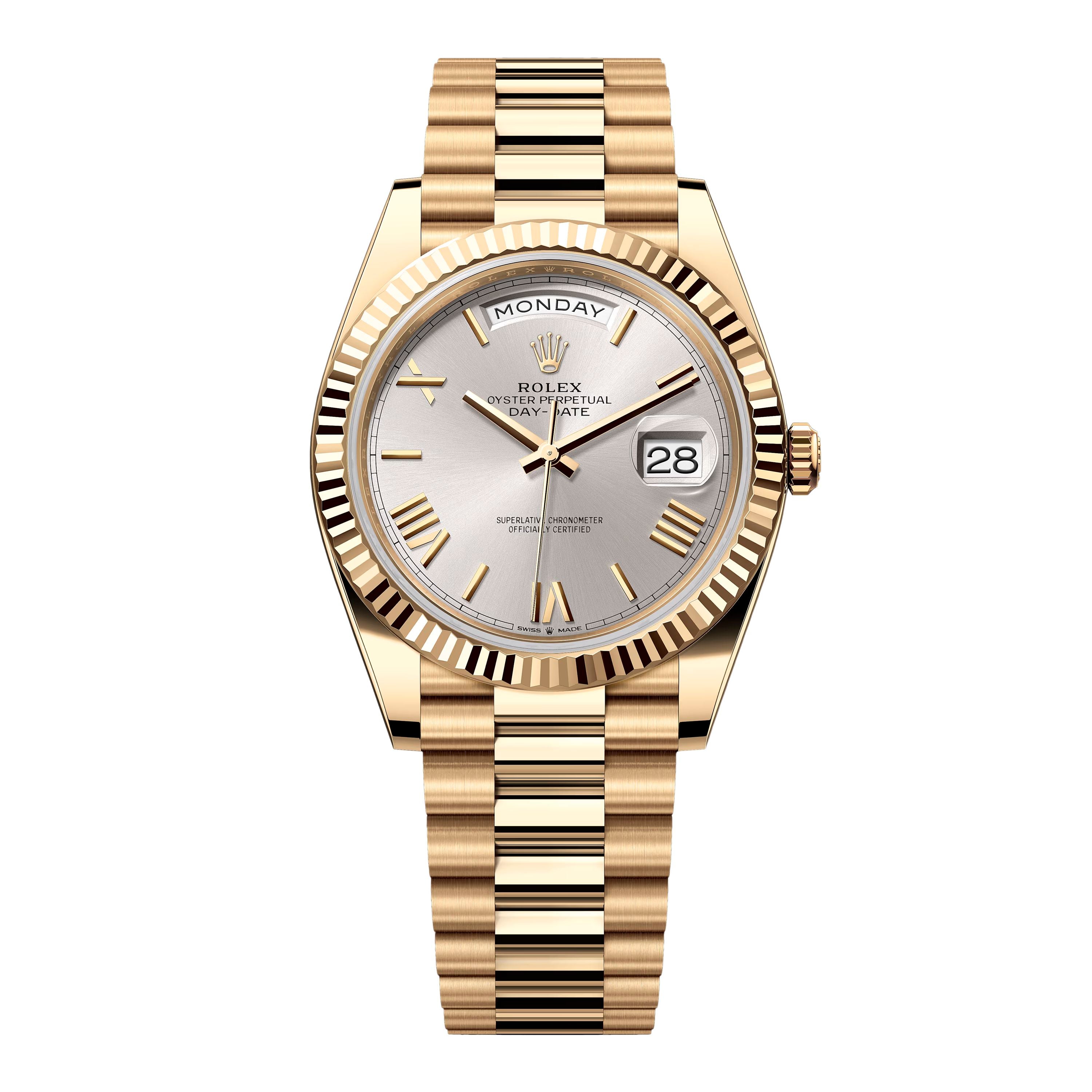 Rolex Day-Date 228238 Silver Dial 18K Yellow Gold Mens – Phigora