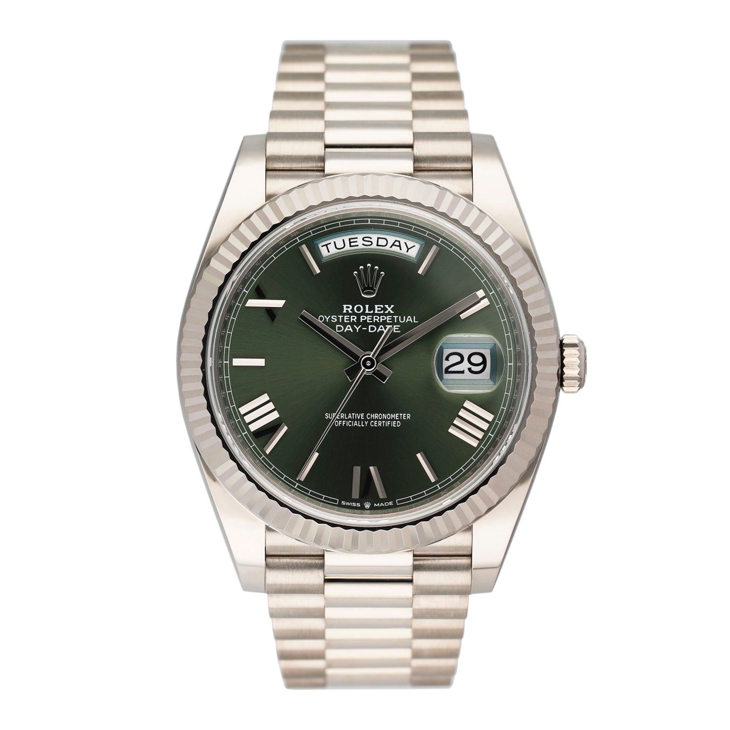 Rolex Day-Date 228239 Olive Dial 18K White Gold Mens Watch Box Papers